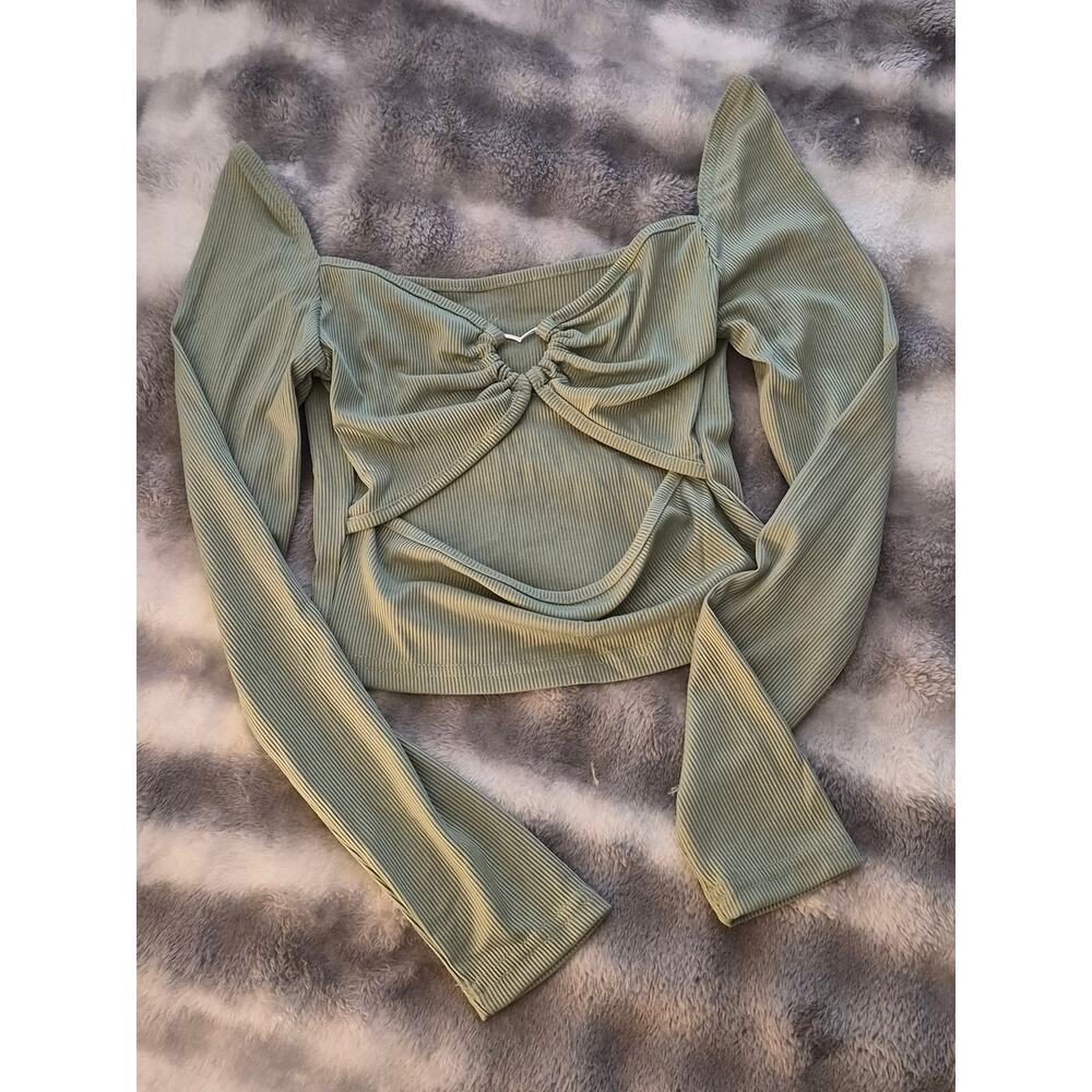 Sage Green Ribbed Knit Long Sleeve Crop Top | Cutout Front Sweetheart Neck